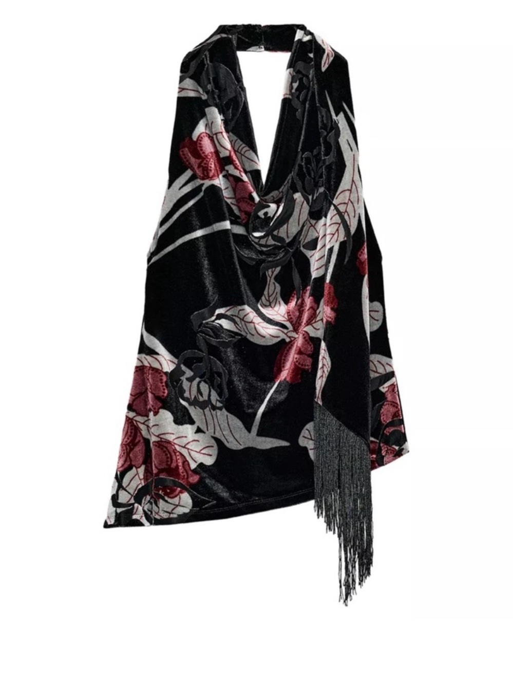 ZARA NWT Black Fringed Velvet Halter Top, Small